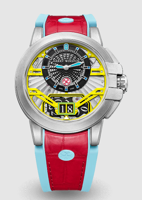 Best Harry Winston The Ocean Collection Zalium Variation Red/Light Blue OCEABD42ZZ002 Replica Watch
